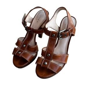 Coach platform high heel sandals tan leather uppers silver studs ankle straps 8B